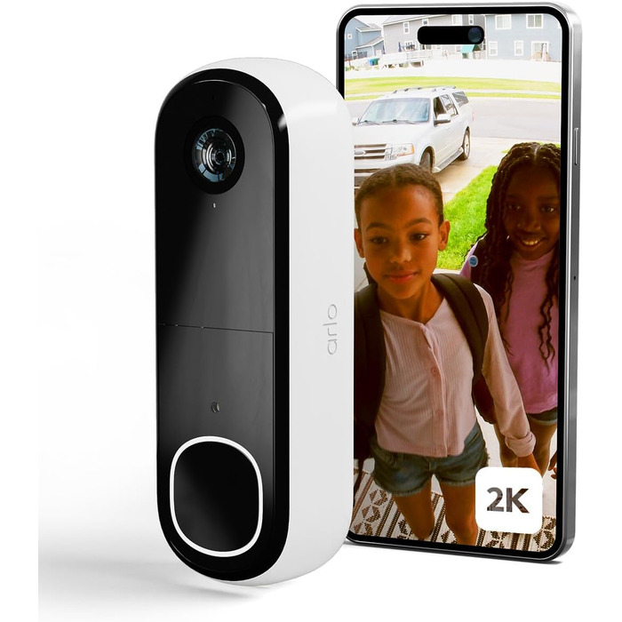 Arlo 2K HD відеодзвінок із камерою, бездротовий Wi-Fi домофон з датчиком руху, двостороннім аудіо, сиреною, нічним баченням, сумісний зі Smart Home та Alexa, білий, тестовий період Arlo Secure Plan