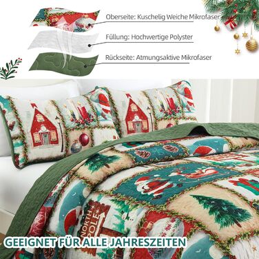 Покривало WONGS BEDDING 240x260 см, стьобане, мікрофібра, комплект 3 предмети: покривало та 2 наволочки 50x75 см, зелений різдвяний малюнок ялинка та олень, для двоспального ліжка