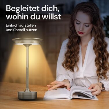 LED настільна лампа Designgold бездротова з акумулятором - стильний дизайн, 3 кольори світла, регулювання яскравості, для дому та на вулицю, срібна