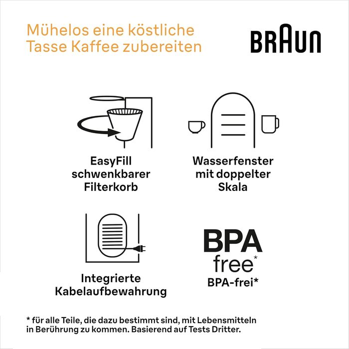 Кавоварка Braun PurShine KF 1500 WH фільтраційна, 10 чашок, скляний глечик, OptiBrew, авто вимкнення, 1000 Вт, біла