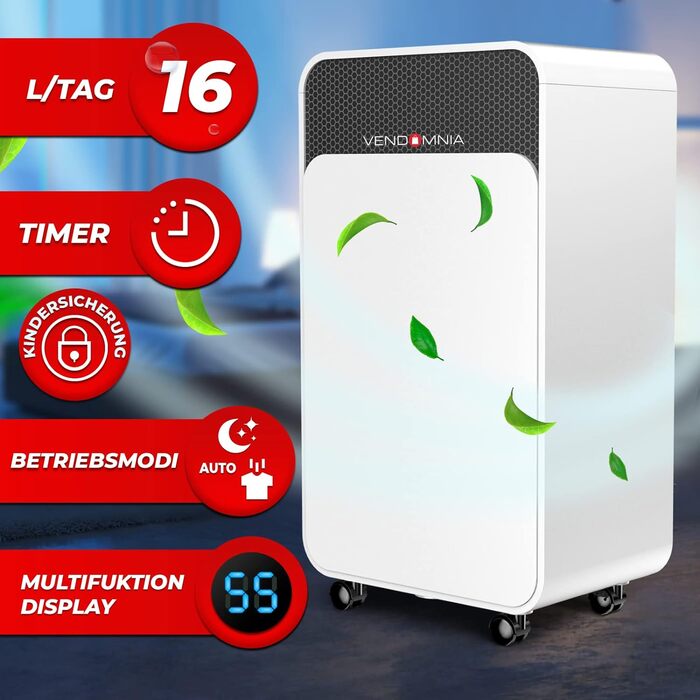 Осушувач повітря 16 л/доба, 2 л бак, до 30 м², електричний, цифровий дисплей, таймер, авторежим, для сушіння білизни, будівельний осушувач, побутовий осушувач повітря