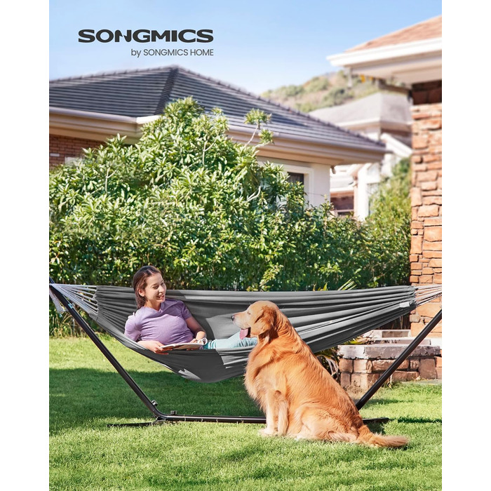 Гамак SONGMICS 210x150 см, металева стійка, регульована висота, до 240 кг, для саду, чорна рама і сіра тканина