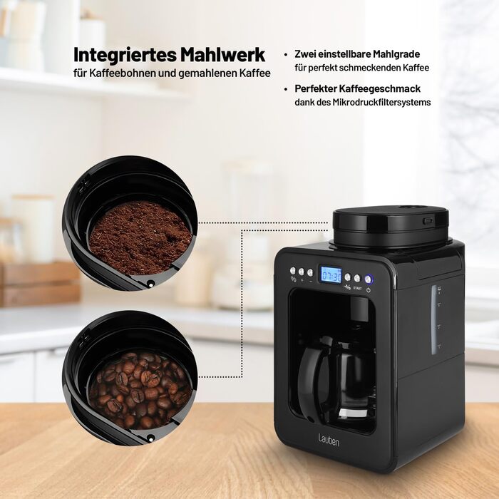 Кавоварка Lauben Grind&Drip 600BB з вбудованим млинком, мийним фільтром, авто відключенням, антикрапельною технологією, 4 чашки