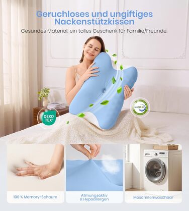 Ортопедична подушка з піни Memory Foam 2-в-1 для сну на боці, спині та животі, 60x41.5x10/12 см (Біло-синя)