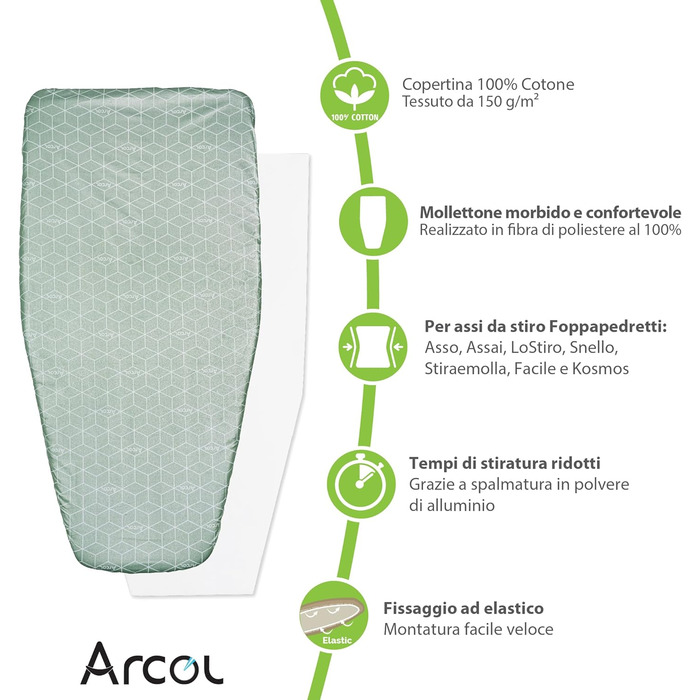 Чохол для прасувальної дошки Foppapedretti ARCOL, еластичний, 100% бавовна, з затискачем, зелений, сучасний дизайн, зроблено в Італії