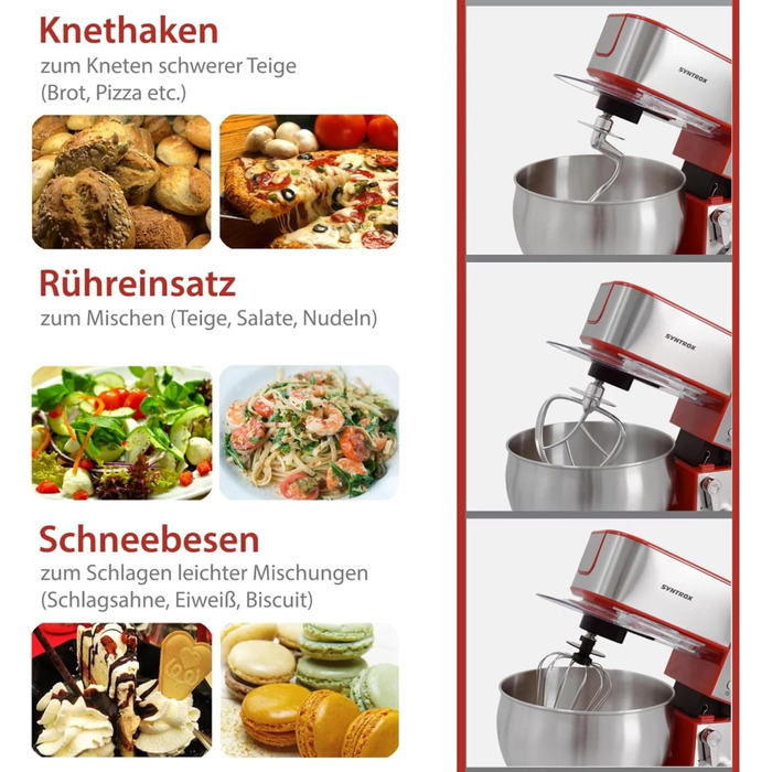 Кухонна машина Syntrox Germany Glumya 7 л, м'ясорубка, насадки для тіста та крему, нержавіюча сталь, LED-дисплей, 1300 Вт, червона