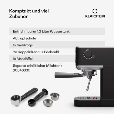 Кавоварка рожкова Klarstein SteelPresso Slim, 20 Бар, 1350 Вт, 1,2 л, парова насадка, нержавіюча сталь, компактна, легке очищення, чорна