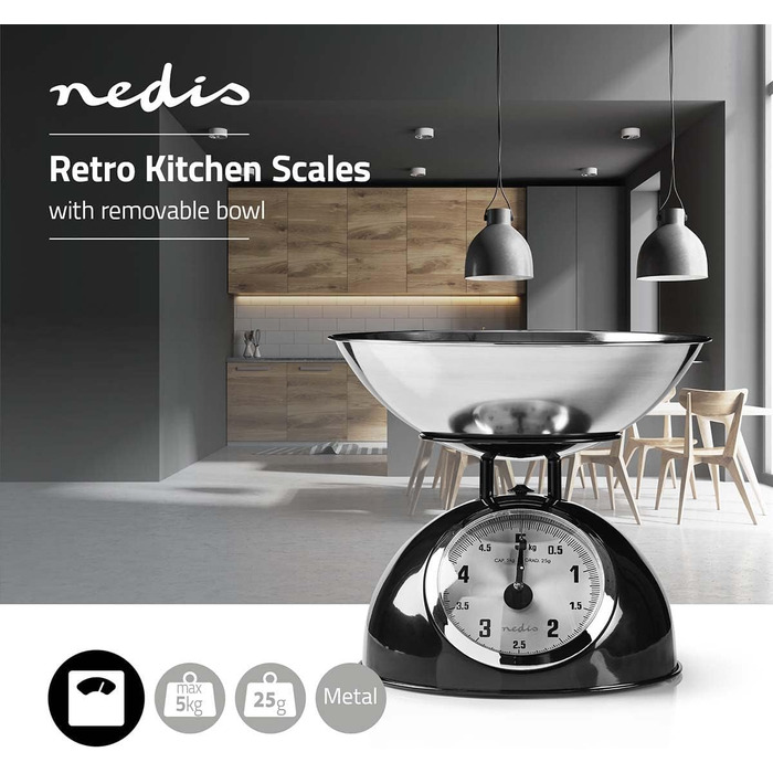 Кухонні ваги Nedis Retro, механічні, 5 кг, знімна чаша з нержавіючої сталі, точність 25 г, чорні/сріблясті, для продуктів, легке очищення