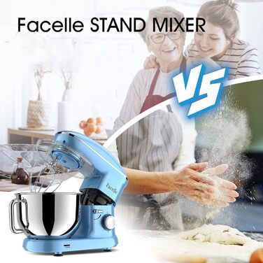 Кухонна машина Facelle 1500W з нержавіючою чашею 6.2L, 6 швидкостей, комплект насадок (блакитна)