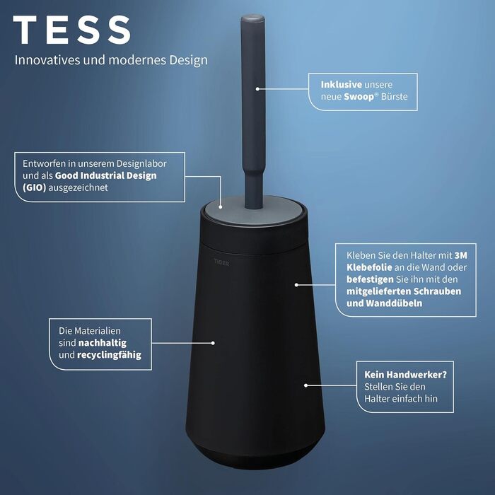 Тримач для туалетної щітки Tiger Tess із гнучкою щіткою Swoop, чорний/антрацит, настінний або підлоговий монтаж, закритий
