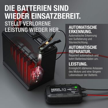 NOCO GENIUS10: Інтелектуальне зарядне пристрій для акумуляторів 6V/12V - Автоматичний підтримуючий заряд, сульфатор, захист від перевантаження, температурна компенсація - Для свинцево-кислотних та літієвих акумуляторів