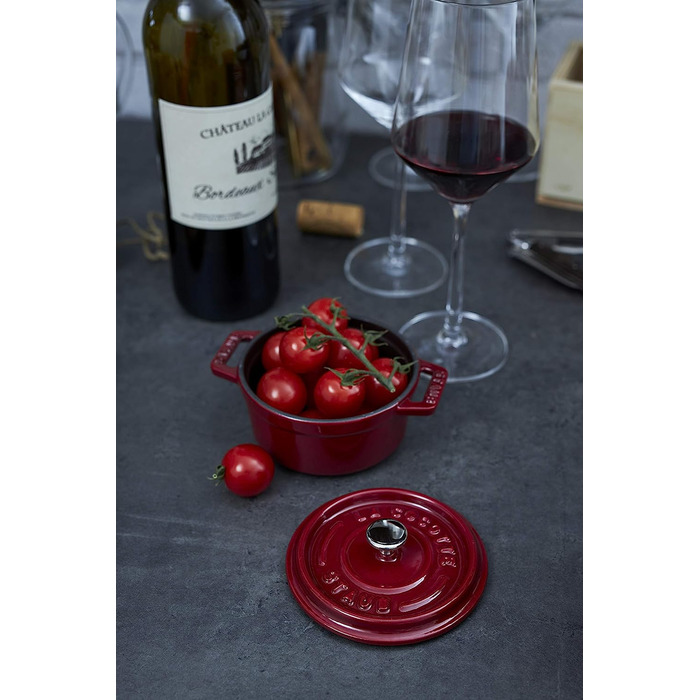 Міні-каструля STAUB кругла з кришкою 10 см, 0,25 л, індукційна, матова чорна емаль всередині, червона