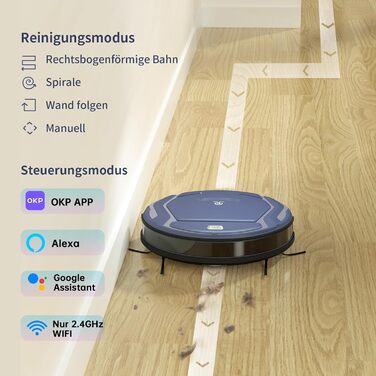 Робот-пилосос OKP 2100Pa з Wi-Fi, суперобладна модель з керуванням через додаток та голосовим керуванням Alexa. Час роботи до 100 хвилин, самостійне заряджання, тиха робота, підходить для прибирання шерсті тварин, підлоги та килимів. Модель K2