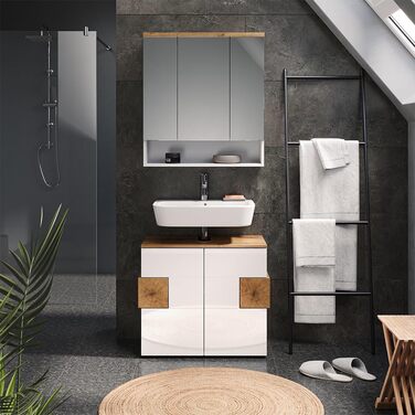 Дзеркальна шафа для ванної Vicco Eden, білий глянець/дуб Артизан, 70x77,5 см, 3 двері