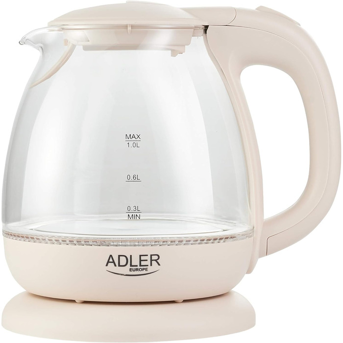 Електричний чайник Adler AD 1238, скляний, 1 л, 1100 Вт, LED-підсвічування, бежевий