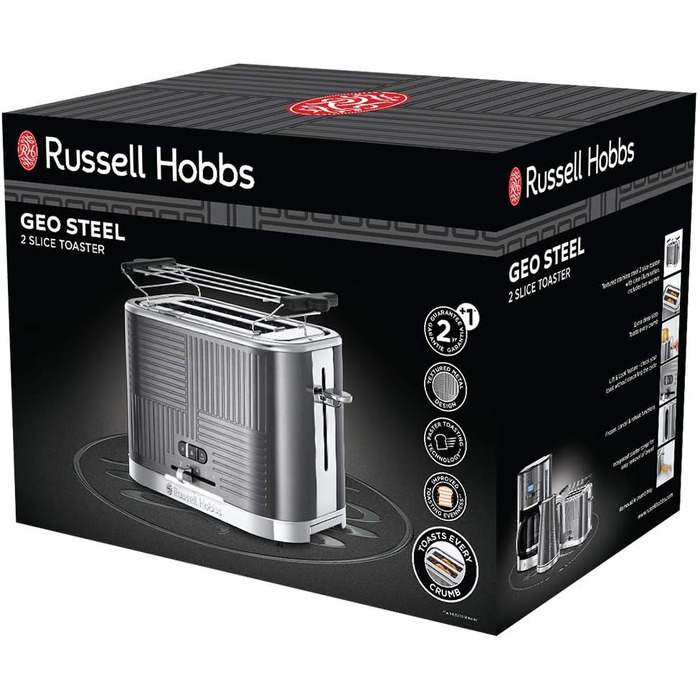 Тостер Russell Hobbs Geo Edelstahl Grau на 2 тости, нержавіюча сталь, 6 режимів, розморожування, підігрів, широкі слоти для хліба