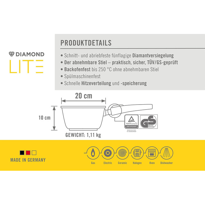 Каструля Woll Diamond Lite 2.5 л, Ø20 см, антипригарна, алюмінієва, знімна ручка, для газу, електро та склокераміки