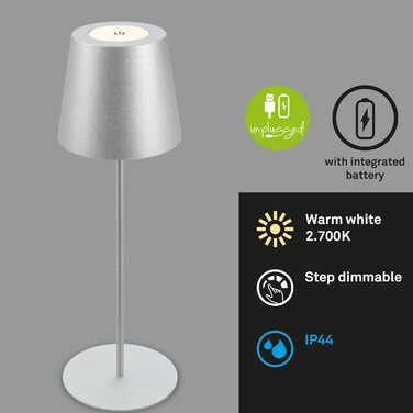 BRILONER LED бездротова настільна лампа з диммером, сенсорним керуванням, регульована по висоті, акумуляторна, нічник, лампа для читання, кемпінгу, столу, для дому та вулиці, срібляста, 36x10,5 см