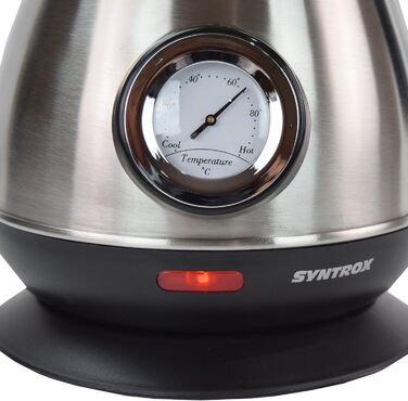 Електрочайник Syntrox Germany WK-2200W-1.7T, 2200 Вт, 1.7 л, нержавіюча сталь, з термометром, бездротовий, 360°, чайник для води та чаю