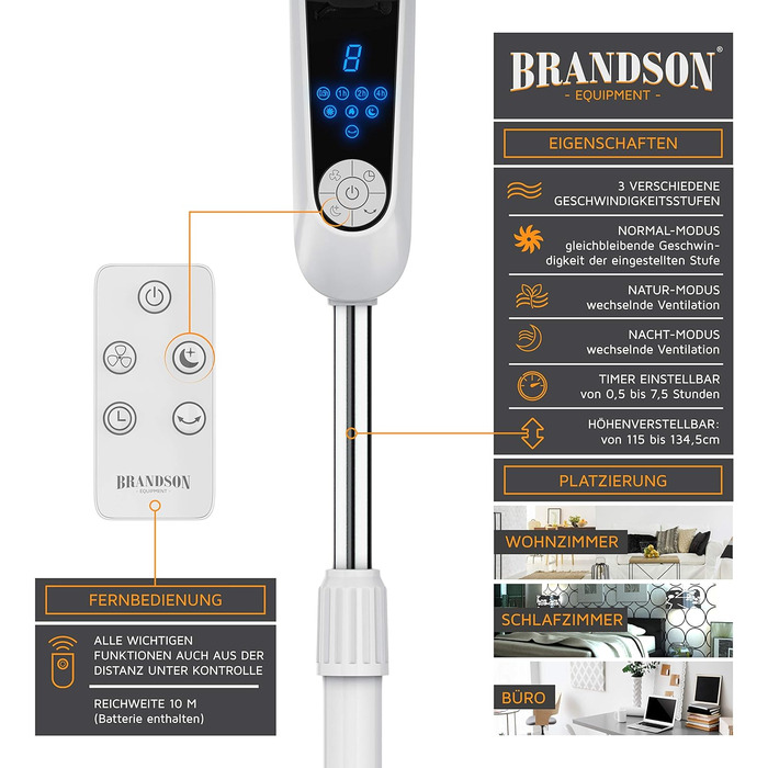 Вентилятор підлоговий Brandson Silent з пультом, дисплеєм, 60 Вт, білий, тиха робота, осциляція 80°, регульована висота 115-134 см, нахил 35°
