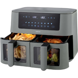 Linsar Dual Zone аерофритюрниця з двома камерами, 8 л, 2 кошики зі скляним вікном, сенсорне управління, 9 програм, Dual Cook, синхронізація, 2570-3040 Вт, чорна