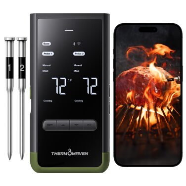 Розумний бездротовий термометр для м'яса ThermoMaven з базовою станцією, Bluetooth та Wi-Fi, 2 щупи, 6 сенсорів, NIST-сертифікований, для смокера, духовки та BBQ, колір авакадо