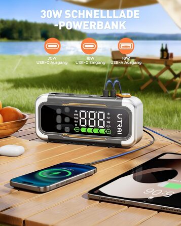 Powerbank Starthilfe UTRAI з компресором та вентилятором для авто, 6000A, LED, PD 30W, для бензинових та дизельних двигунів (10L)