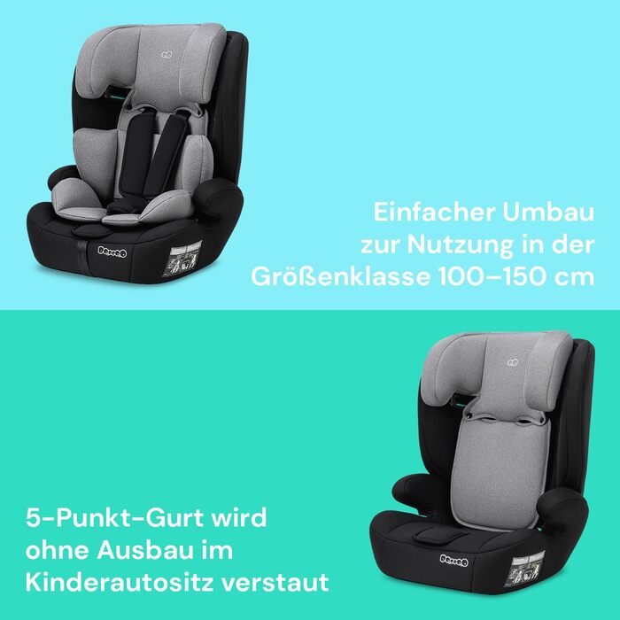 Дитяче автокрісло Booboo Safety Berlin i-Size без Isofix, від 1 року, для зросту 76-150 см, зростаюче, чорний/сірий