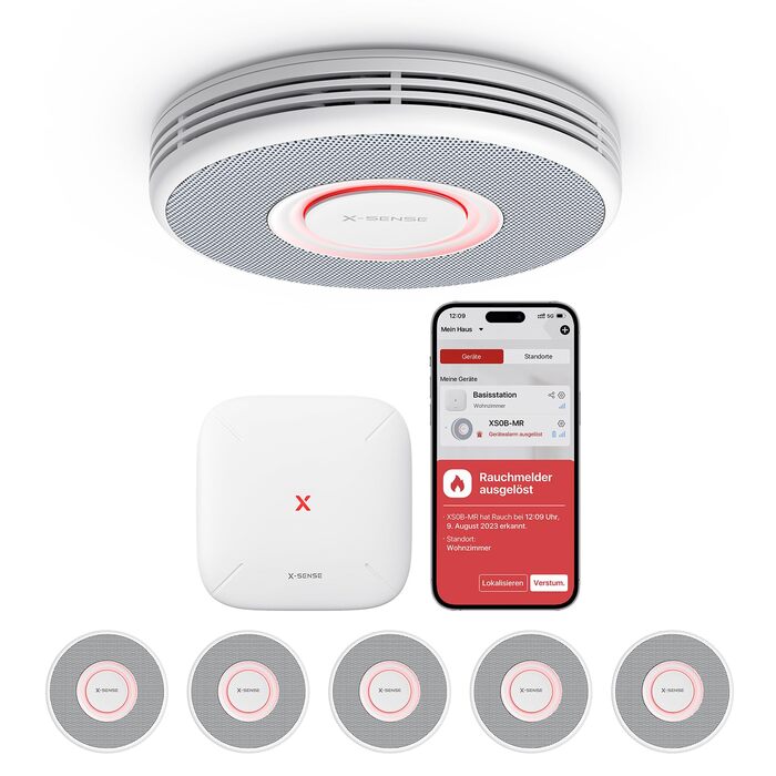 Датчик диму X-Sense з Wi-Fi, голосовим оповіщенням та 17 зонами, 6 шт. (з базовою станцією SBS50), білий