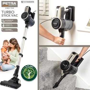 Пилосос Petra PF01625VDE Turbo 600Вт з HEPA-фільтром, 600 мл, вертикальний і ручний, LED-щітка, насадки 2-в-1, чорний