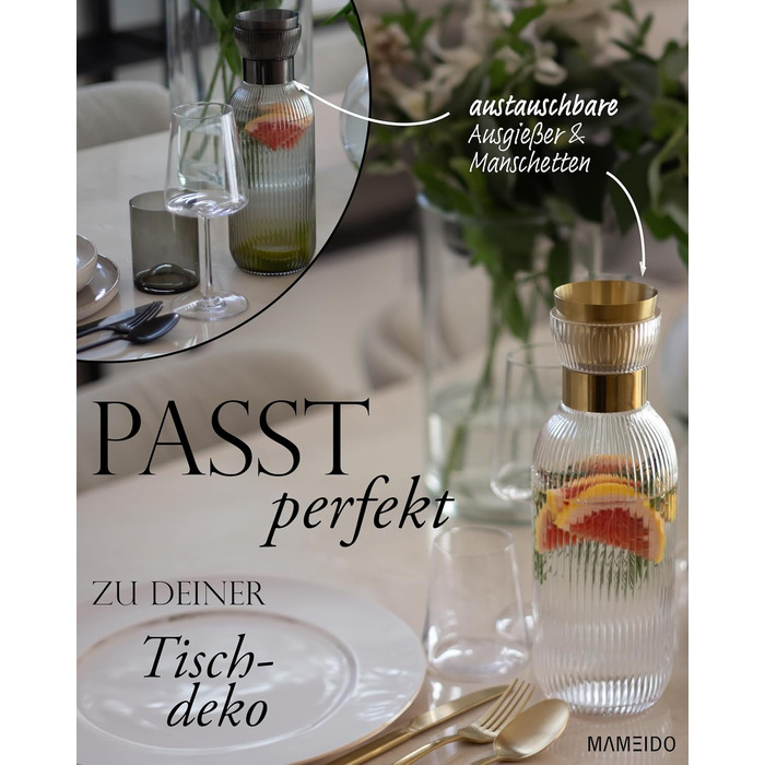 Скляний глечик для води MAMEIDO з носиком та ситом, 1 л, рифлене кришталеве скло, Smoke Gold