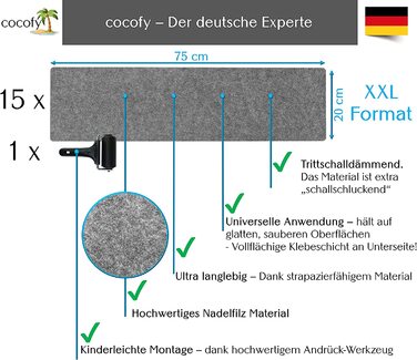 Набір килимків для сходів cocofy, 15 шт, 75x20 см, сучасні самоклеючі фетрові накладки, сірі, для внутрішнього використання