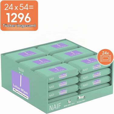 Дитячі вологі серветки Naïf без пластику з алое вера та бамбуком, 0% спирту та парфумів, для обличчя, тіла та сідничок (432 шт, 8 упаковок по 54 шт)