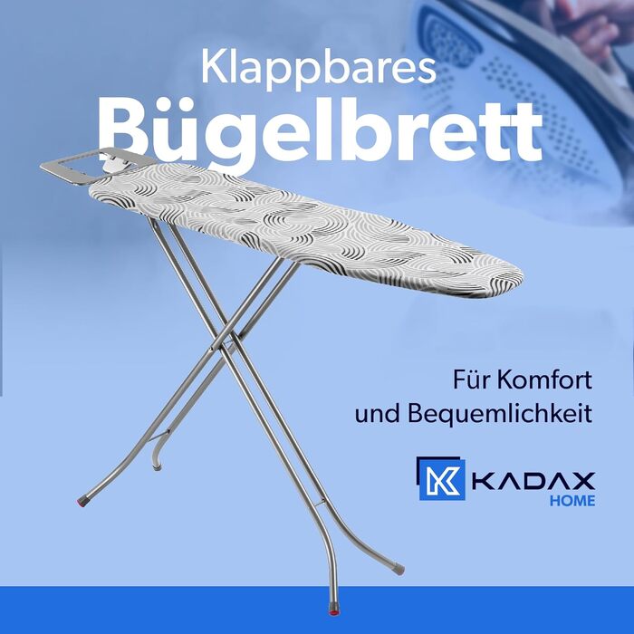 Складана прасувальна дошка KADAX 114x34 см з металевою сіткою, підставкою для праски, 5 мм пінною підкладкою та антиковзкими ніжками (трикутники)