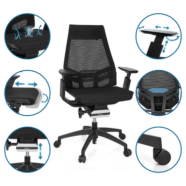 Офісний крісло GENIDIA SMART BLACK з сітчастою спинкою, чорний колір, hjh OFFICE