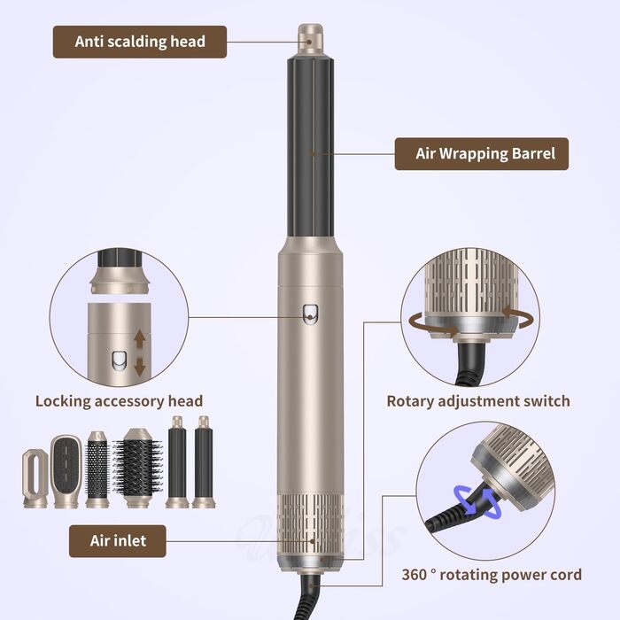 Airstyler 6 в 1 Gold 1000W: Фен-щітка, плойка, випрямляч для волосся – професійний набір для укладки