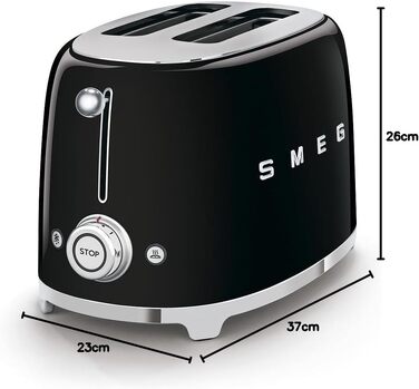 Тостер Smeg TSF01CREU 2-слотовий, чорний - 6 рівнів підсмажування, функція розморожування та підігріву, 950 Вт