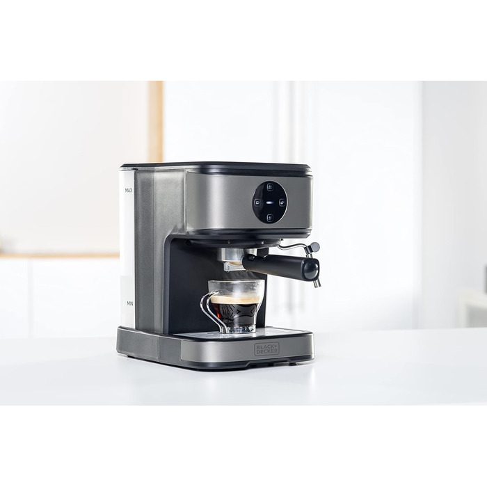 Еспресо-машина BLACK+DECKER BXCO850E, 20 бар, 1,5 л, автоматична, з паровою насадкою, антиплямова нержавіюча сталь, 850 Вт, Extra-Sahne, програмоване приготування