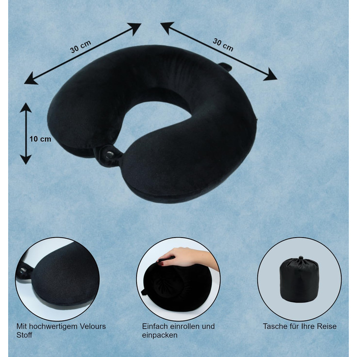 Подорожня подушка-натиранік U-подібна з ефектом пам'яті Memory Foam, м'який чохол, чорна — для літака, авто та офісу