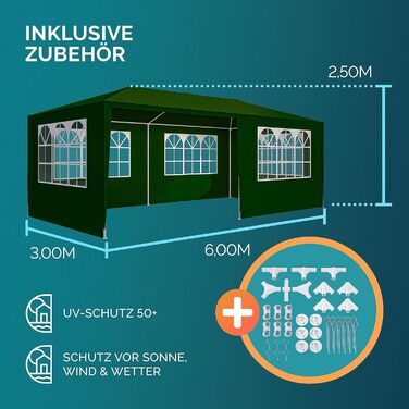 Павільйон CASARIA 3x6 м, водовідштовхувальний, UV-захист, 6 стінок, 18 м², садовий тент для вечірок, з вікнами, зелений
