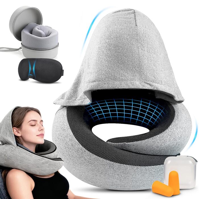 Подорожня подушка для шиї з ефектом пам'яті (Memory Foam) з капюшоном, маскою для сну та берушами — набір для перельотів, авто та поїздів
