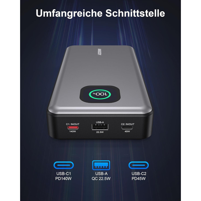 Powerbank 140W, 25000mAh з дисплеєм, PD3.1 для ноутбуків, MacBook, iPad, iPhone, Switch