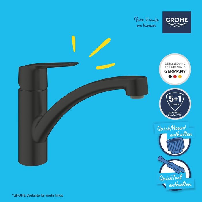 Змішувач кухонний GROHE Start з плоским виливом, чорний, 305302432 - економія води, поворот 140°, легкий монтаж