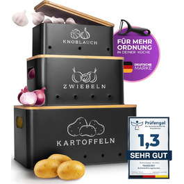 Набір контейнерів для зберігання картоплі, цибулі та часнику TWOBERRY (3 шт, з овочечисткою, чорні, з вентиляцією для тривалого зберігання)