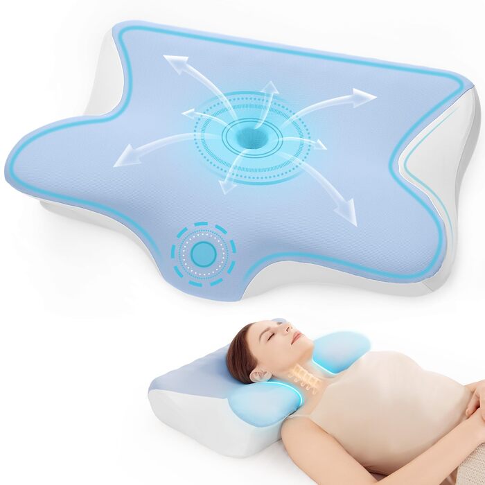 Ортопедична подушка з піни Memory Foam 2-в-1 для сну на боці, спині та животі, 60x41.5x10/12 см (Біло-синя)