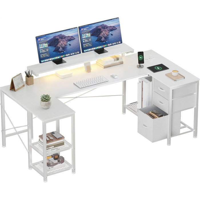 Ігровий стіл Devoko кутовий з LED, 3 шухляди, 170x95x75 см, білий - з регульованою полицею, розетками та USB