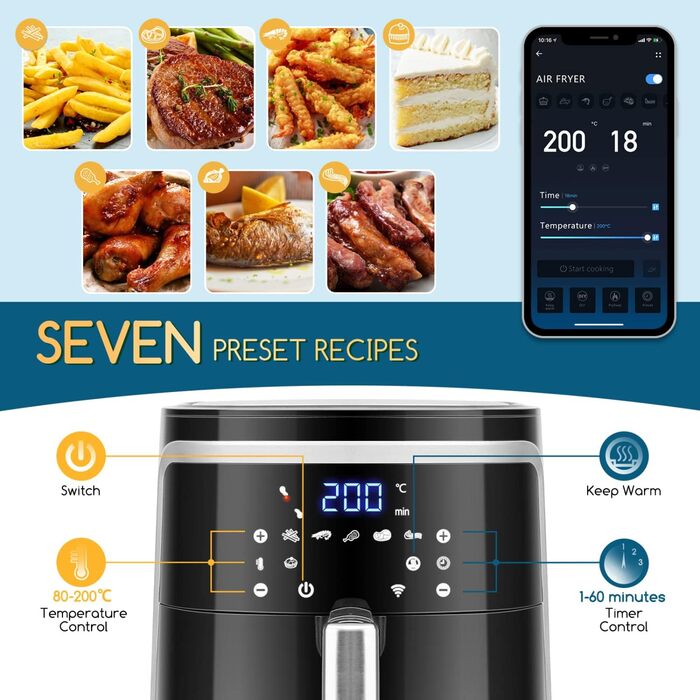 Розумна аерофритюрниця Aigostar Cube, 1900 Вт, 7 л, Wi-Fi, сенсорний LED-екран, 7 програм, 20 рецептів, DIY-меню