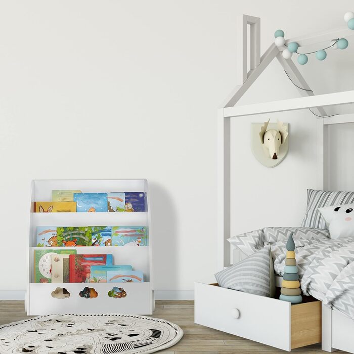 Дитяча книжкова полиця Relaxdays з малюнком хмар, 3 відділення, біла, 60x58x45 см, МДФ