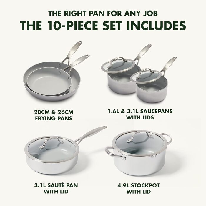 GreenPan Venice Pro Tri-Ply Набір посуду 10 предметів: каструлі та сковорідки, здорове антипригарне покриття, нержавіюча сталь, індукція, придатний для духовки та посудомийної машини, без PFAS, срібний