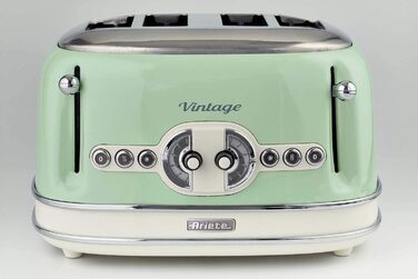 Тостер Ariete Vintage 156 на 4 тости, 1600 Вт, ретро дизайн, 6 режимів підсмажування, автоматичний викид, функція розморожування, знімний піддон для крихт, корпус із нержавіючої сталі, зелений